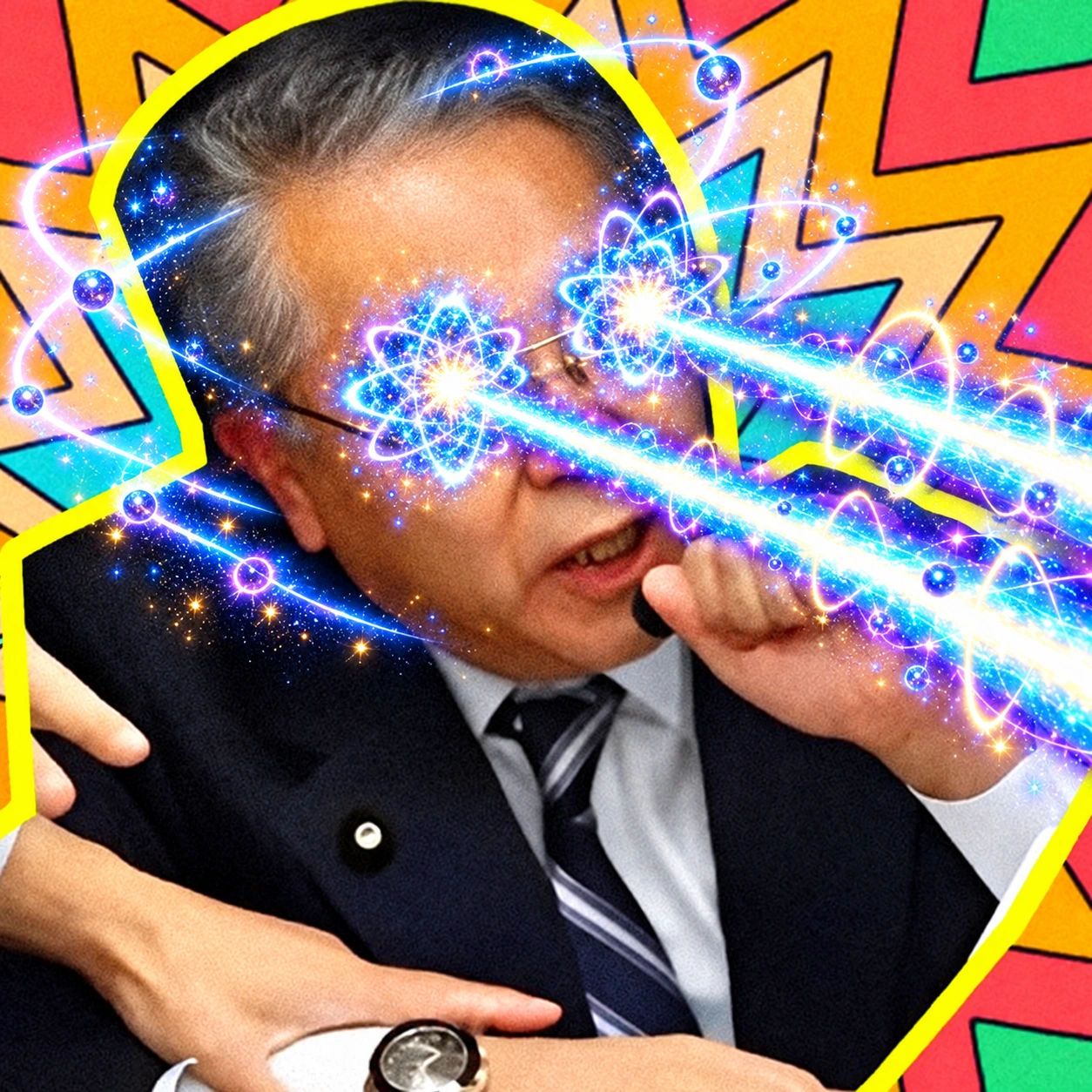 A suited man with brilliant quantum cores over his eyes firing blue beams against a colorful comic background